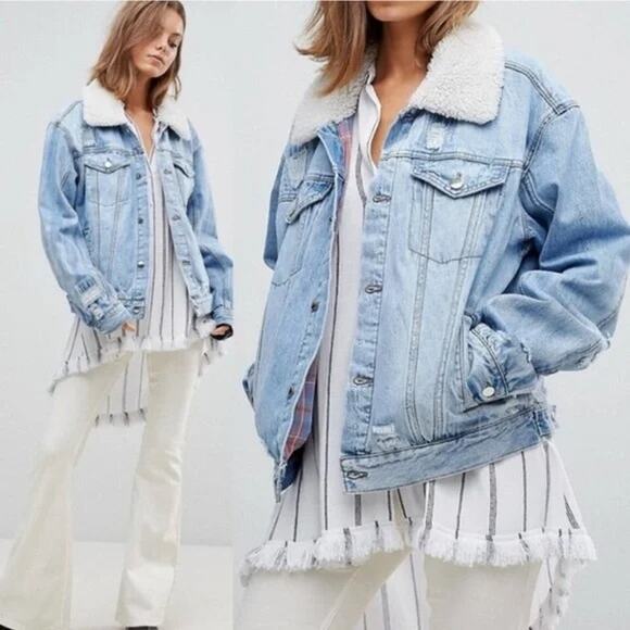 Free People 90s Denim Jacket Lined Sherpa Collar Blue Jean Coat Oversized Small - Picture 1 of 16